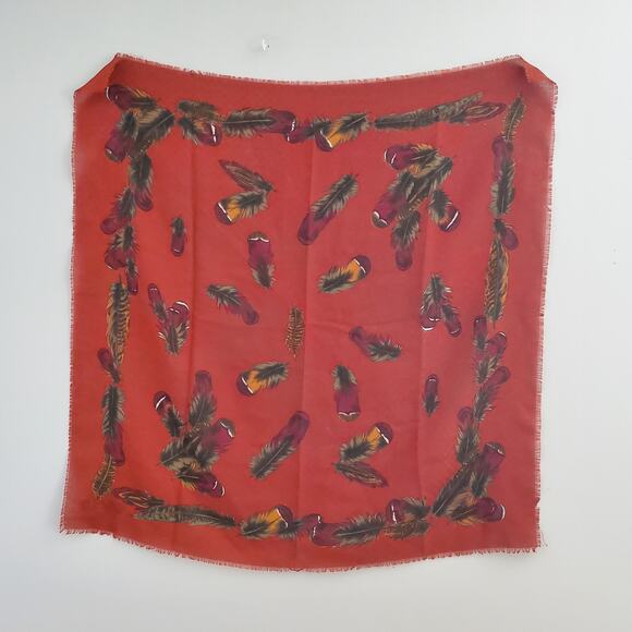 Vintage Cloth Brown Feathers Large Scarf - Picture 3 of 4